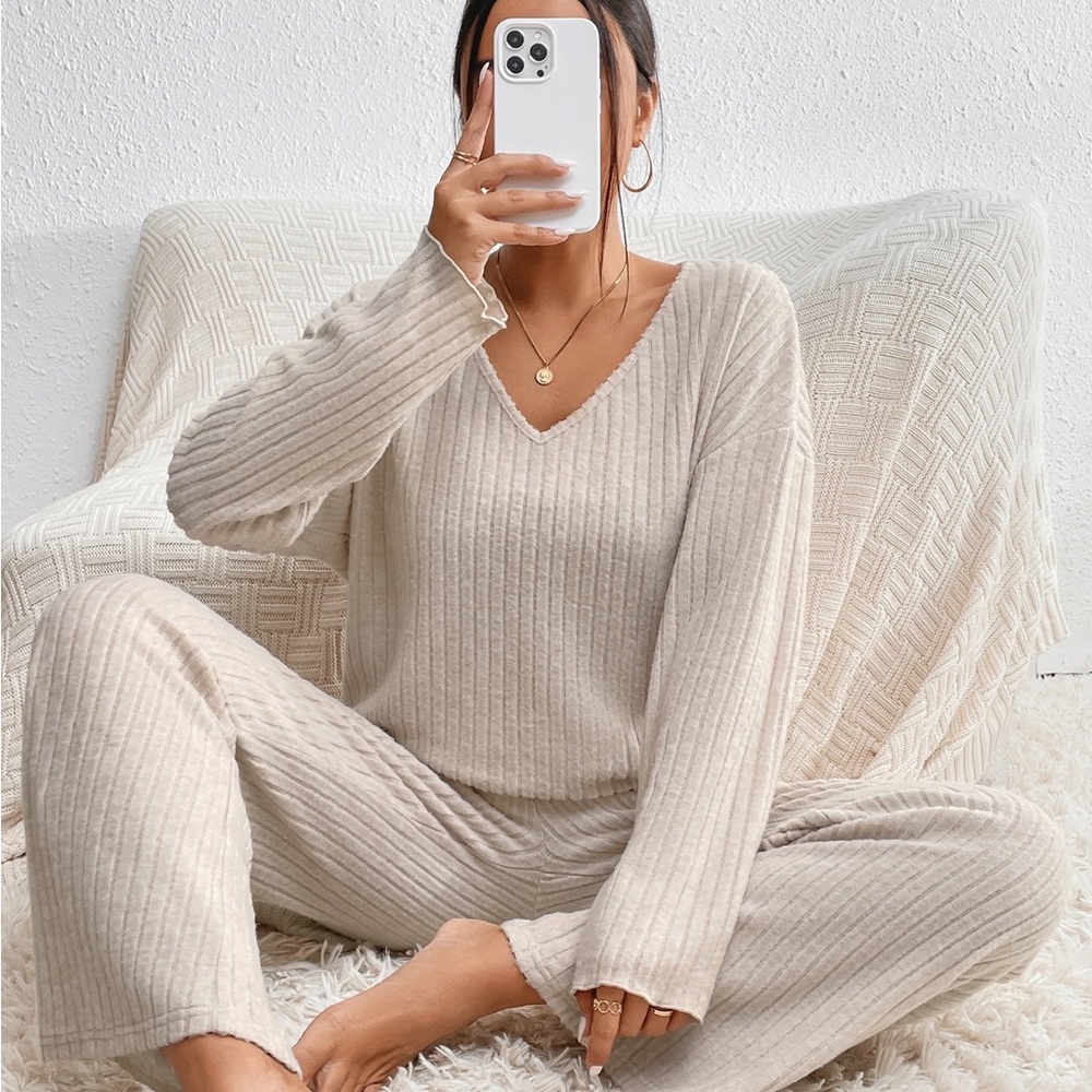 Neutral Cream Cozy Loungewear Set Drop Shoulder Vneck Top and Pants -2 Piece Set